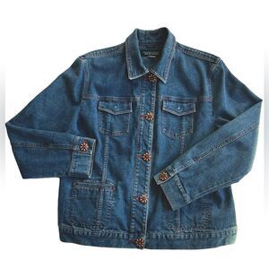 Jones New York Premium Denim Blue  Sport Flower Button Stretch Jean Jacket sz XL